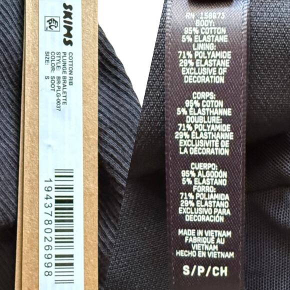 SKIMS Cotton Rib Plunge Bralette – Soot (Black) | Size S | NWT - Picture 3 of 3